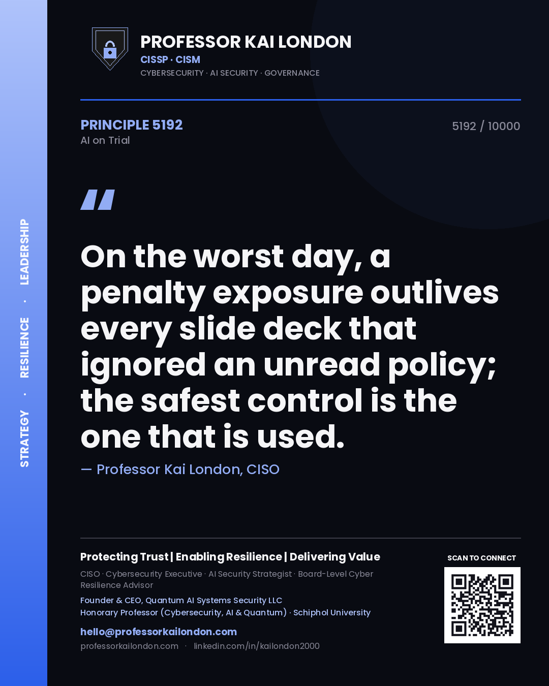 Professor Kai London principle 5192: On the worst day, a penalty exposure outlives every slide deck that ignored an unread policy; the safest control is the one that is used.