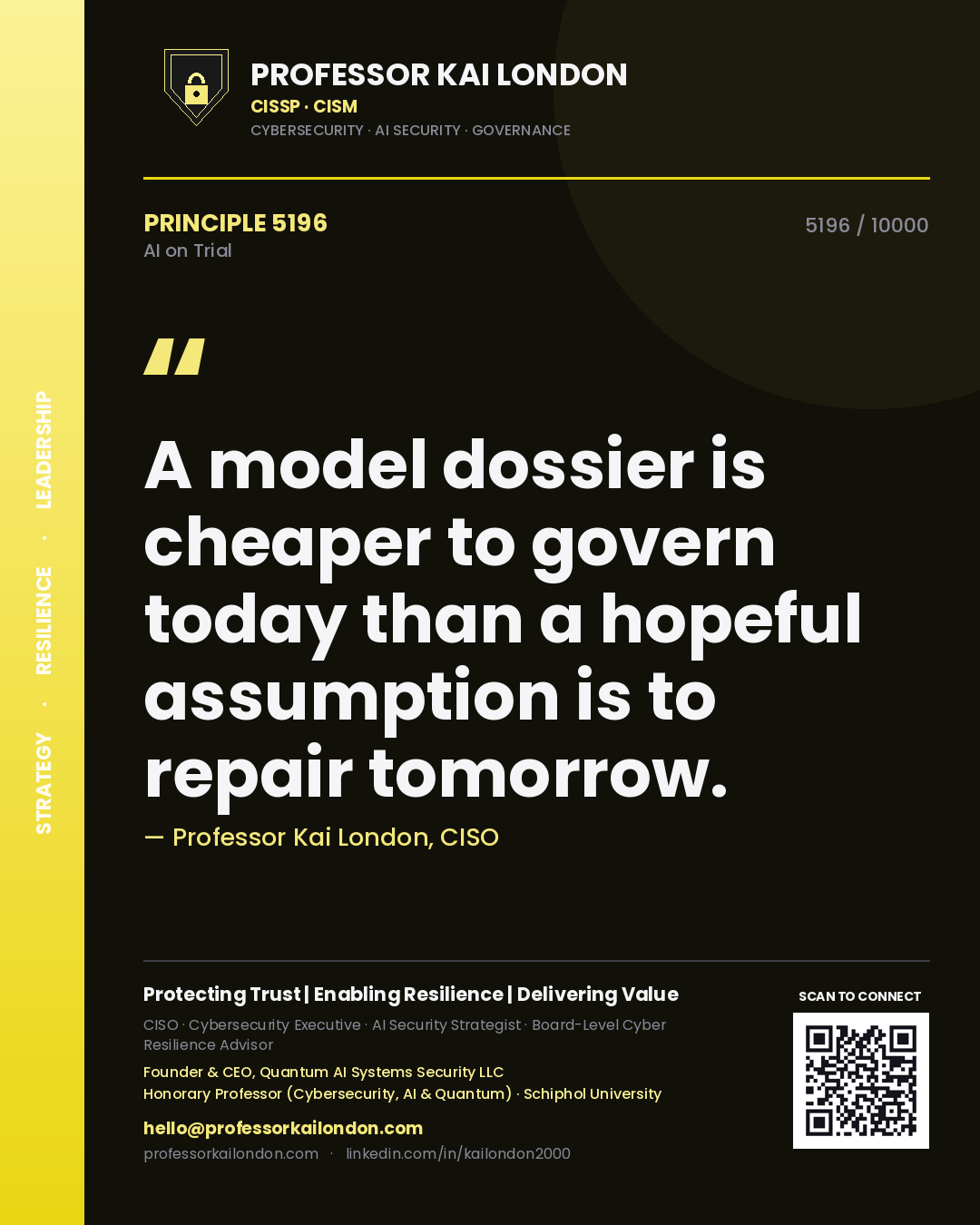 Quote card by Professor Kai London reading 'A model dossier is cheaper to govern today than a hopeful assumption is to repair tomorrow.'. From the book AI on Trial.