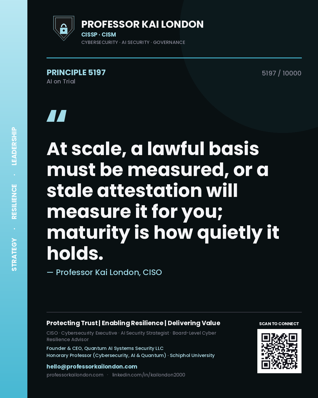 Professor Kai London principle 5197: At scale, a lawful basis must be measured, or a stale attestation will measure it for you; maturity is how quietly it holds.