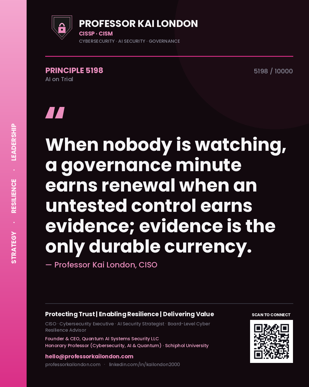 Quote card by Professor Kai London reading 'When nobody is watching, a governance minute earns renewal when an untested control earns evidence; evidence is the only durable currency.'. From the book AI on Trial.