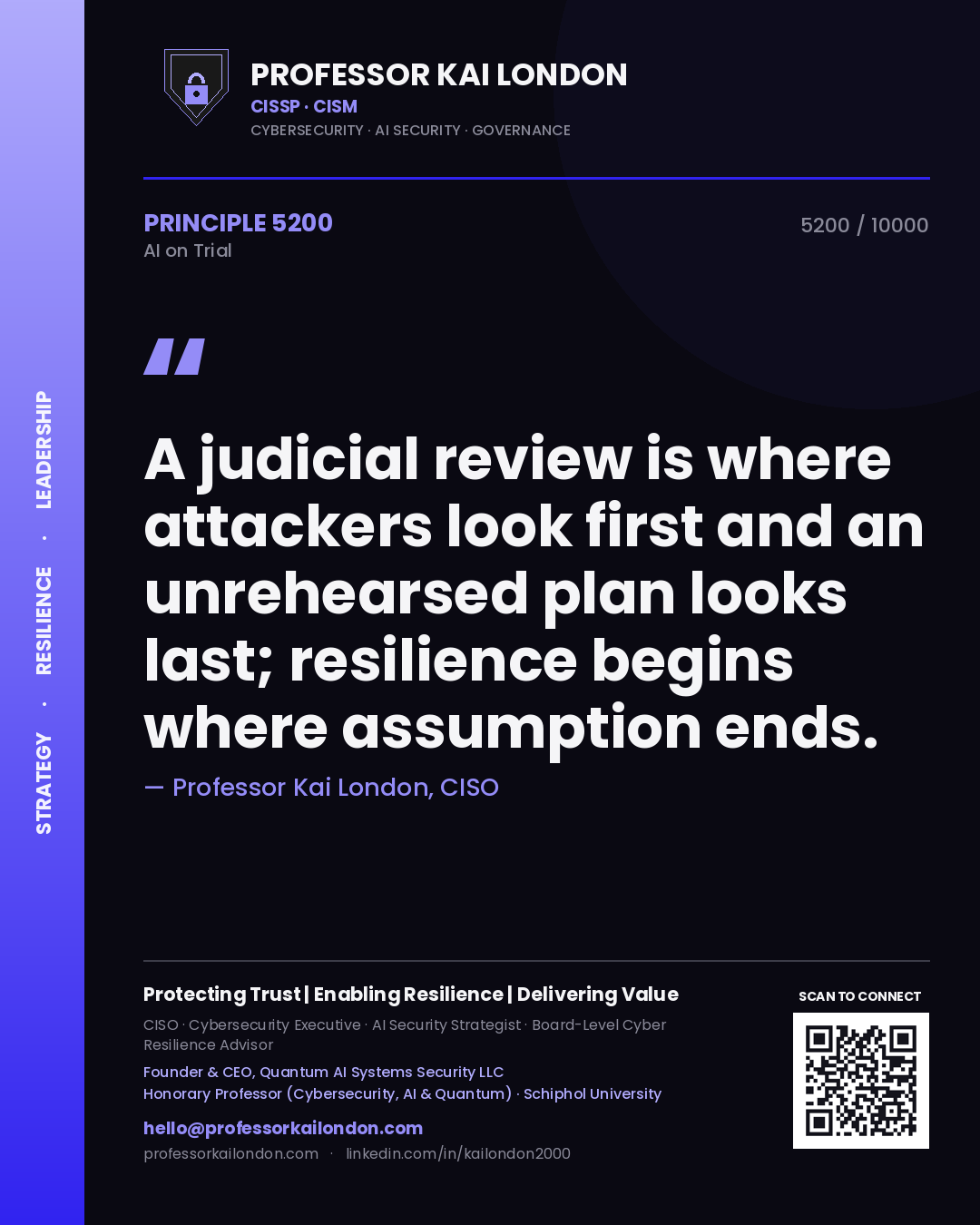Quote card by Professor Kai London reading 'A judicial review is where attackers look first and an unrehearsed plan looks last; resilience begins where assumption ends.'. From the book AI on Trial.