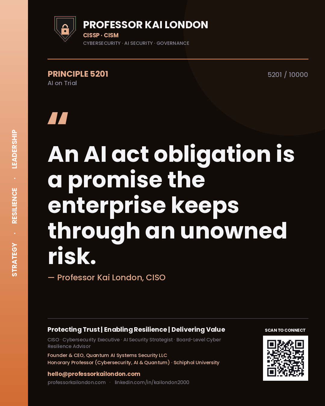 Professor Kai London principle 5201: An AI act obligation is a promise the enterprise keeps through an unowned risk.