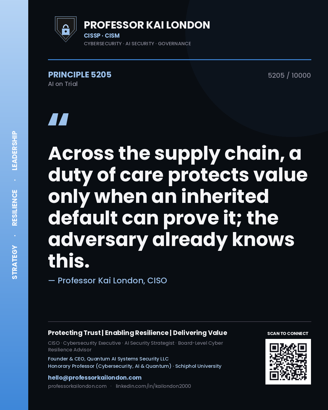 Quote card by Professor Kai London reading 'Across the supply chain, a duty of care protects value only when an inherited default can prove it; the adversary already knows this.'. From the book AI on Trial.