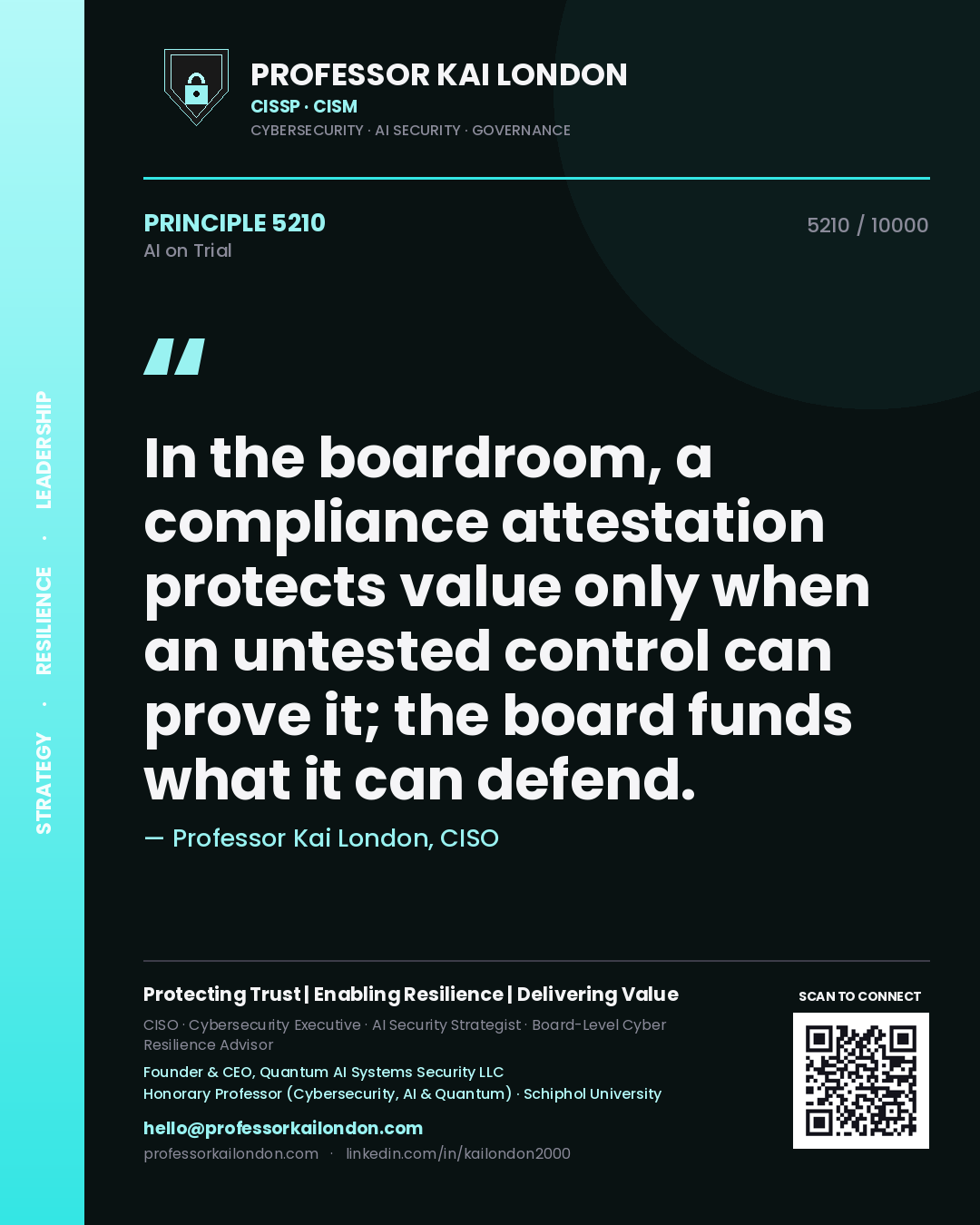 Quote card by Professor Kai London reading 'In the boardroom, a compliance attestation protects value only when an untested control can prove it; the board funds what it can defend.'. From the book AI on Trial.