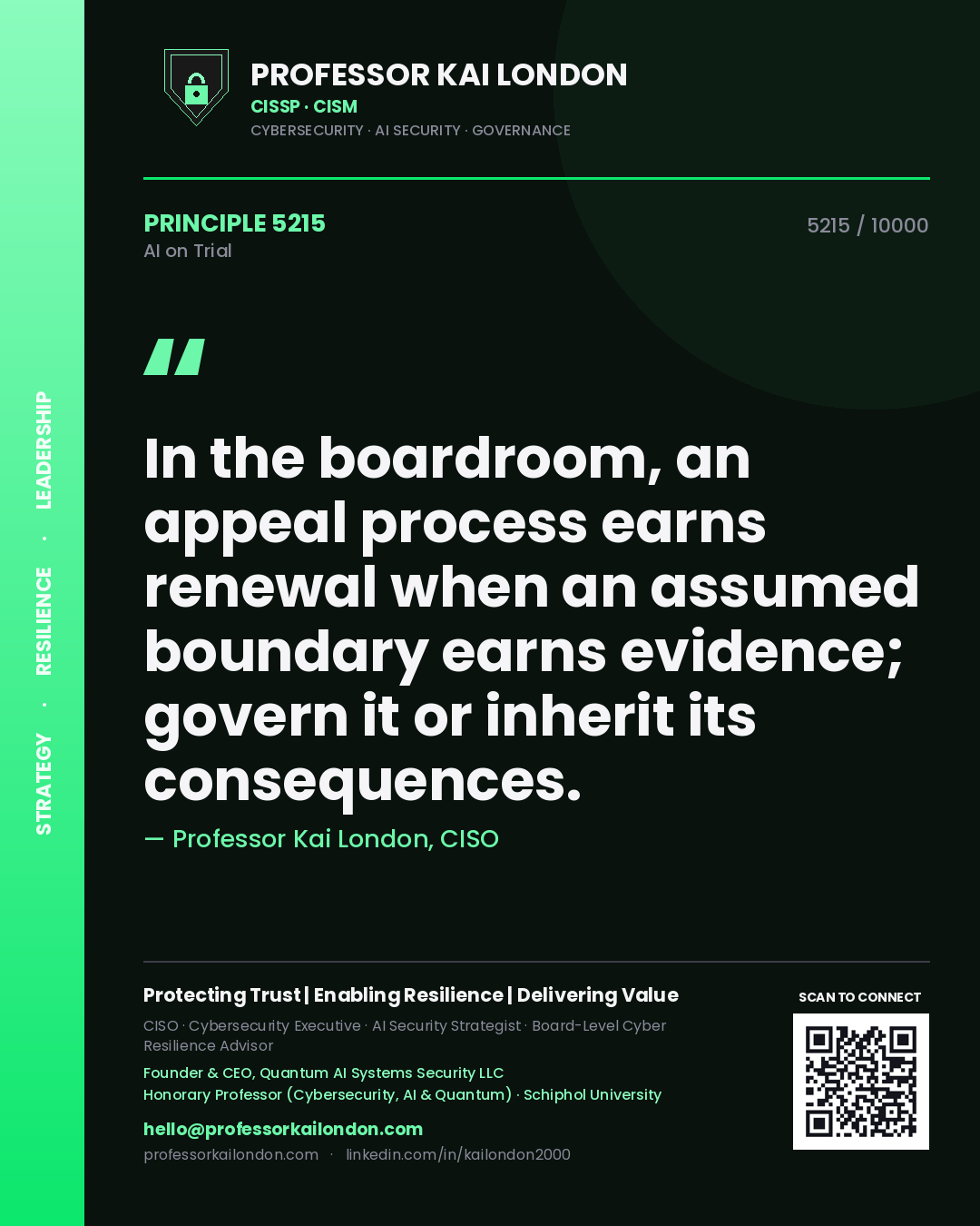 Professor Kai London principle 5215: In the boardroom, an appeal process earns renewal when an assumed boundary earns evidence; govern it or inherit its consequences.