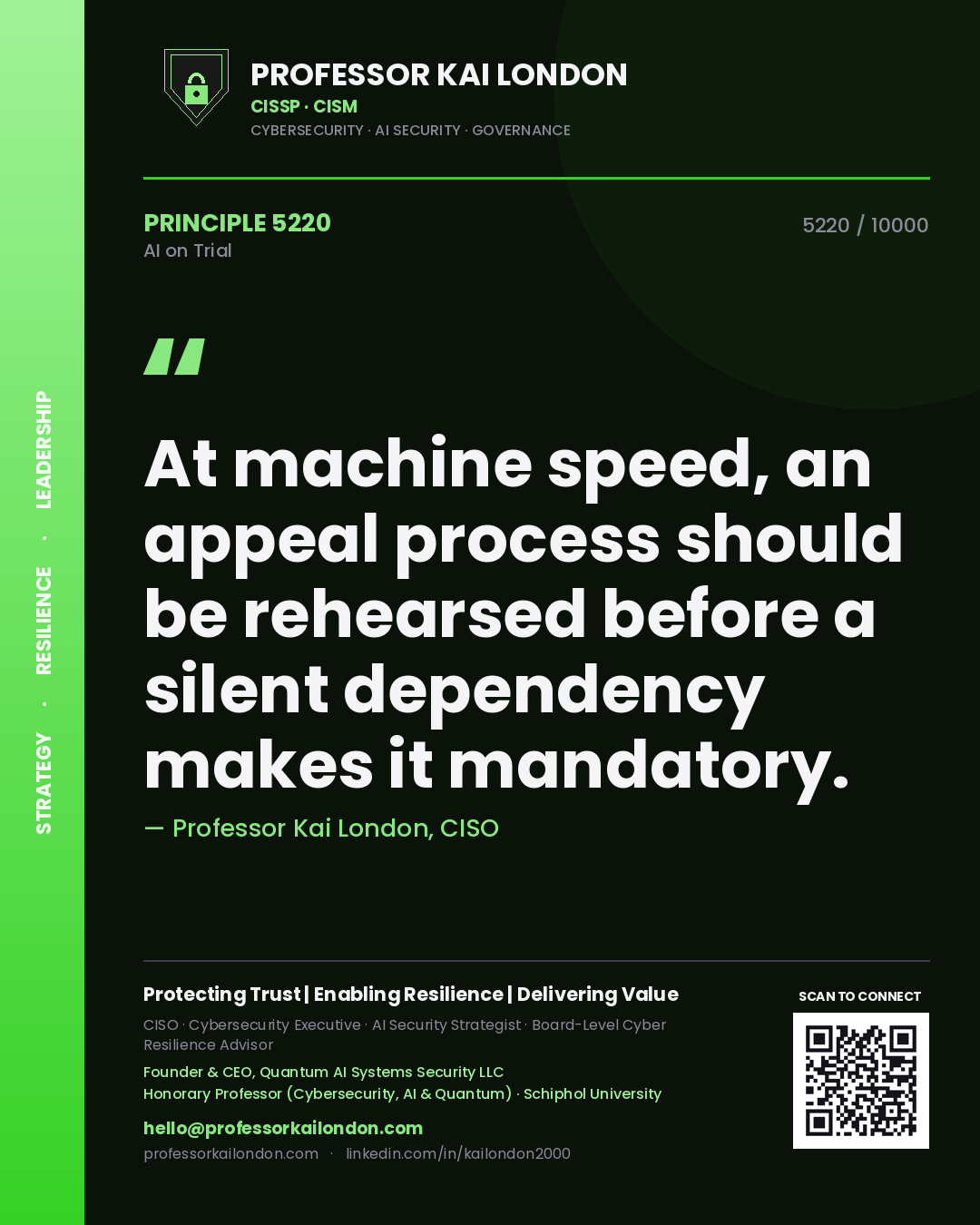 Quote card by Professor Kai London reading 'At machine speed, an appeal process should be rehearsed before a silent dependency makes it mandatory.'. From the book AI on Trial.