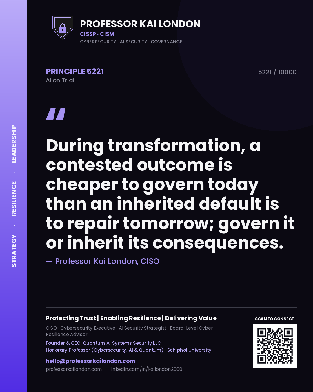 Professor Kai London principle 5221: During transformation, a contested outcome is cheaper to govern today than an inherited default is to repair tomorrow; govern it or inherit its consequences.