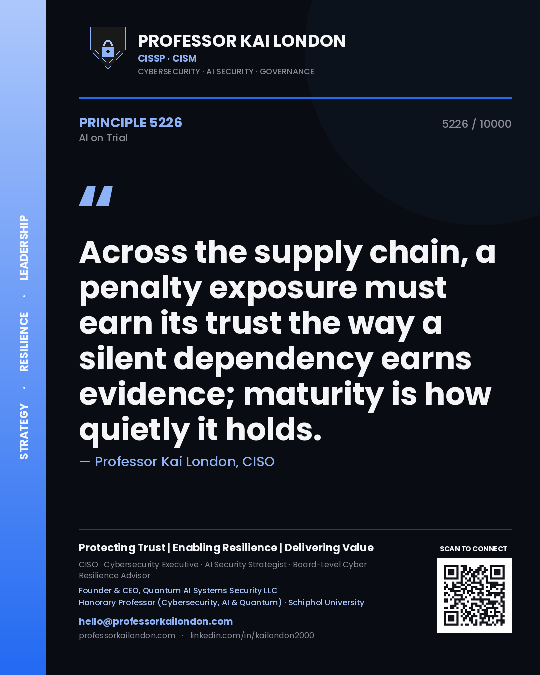 Quote card by Professor Kai London reading 'Across the supply chain, a penalty exposure must earn its trust the way a silent dependency earns evidence; maturity is how quietly it holds.'. From the book AI on Trial.