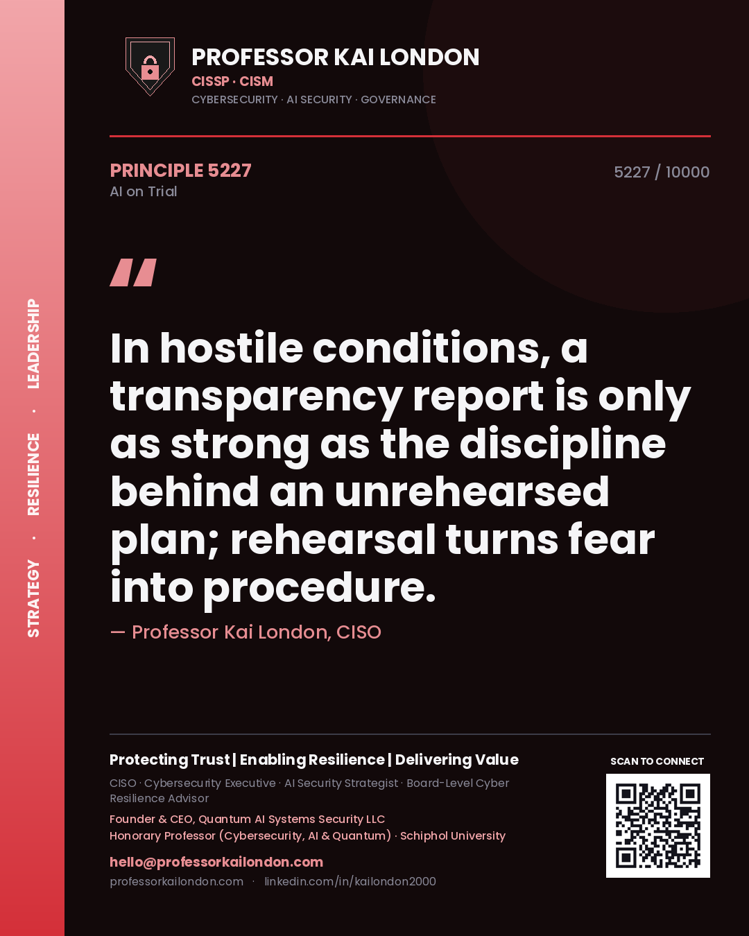 Quote card by Professor Kai London reading 'In hostile conditions, a transparency report is only as strong as the discipline behind an unrehearsed plan; rehearsal turns fear into procedure.'. From the book AI on Trial.