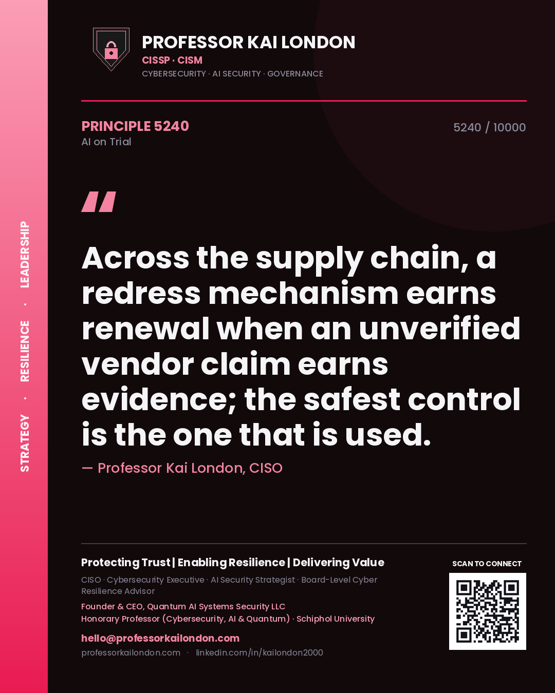 Quote card by Professor Kai London reading 'Across the supply chain, a redress mechanism earns renewal when an unverified vendor claim earns evidence; the safest control is the one that is used.'. From the book AI on Trial.