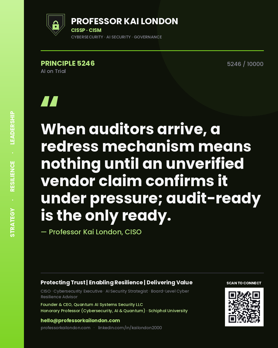 Professor Kai London principle 5246: When auditors arrive, a redress mechanism means nothing until an unverified vendor claim confirms it under pressure; audit-ready is the only ready.