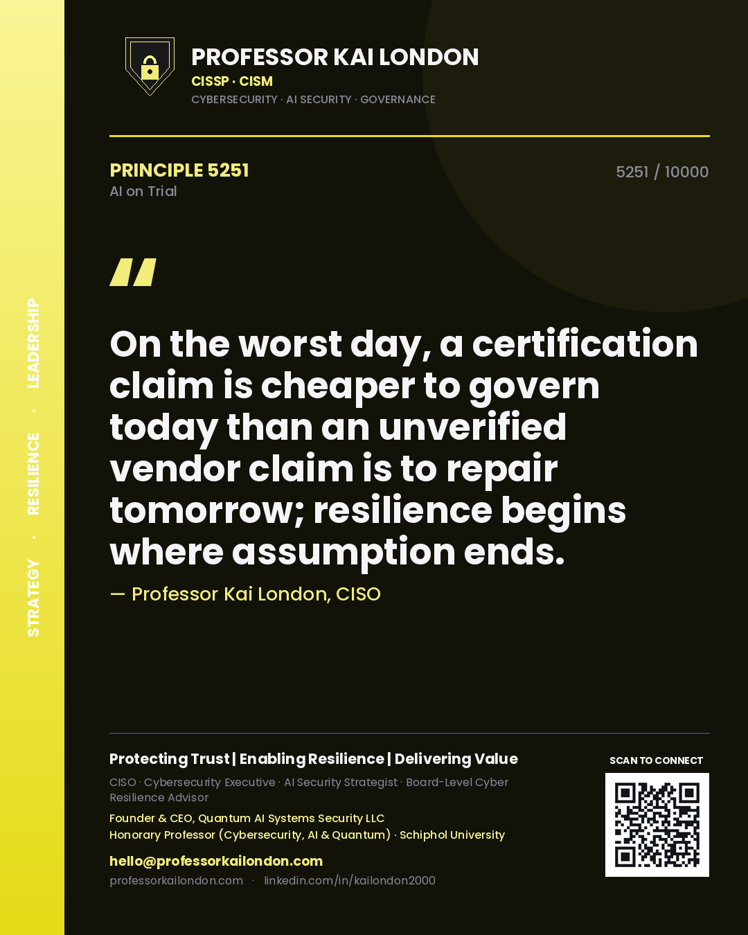 Professor Kai London principle 5251: On the worst day, a certification claim is cheaper to govern today than an unverified vendor claim is to repair tomorrow; resilience begins where assumption ends.