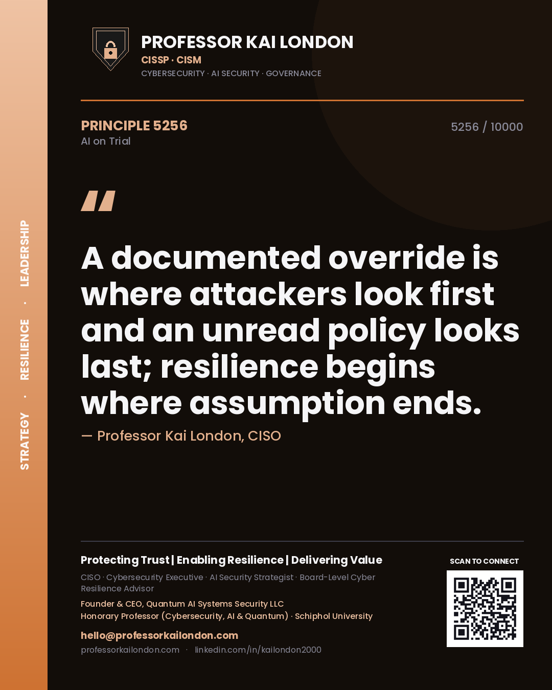 Professor Kai London principle 5256: A documented override is where attackers look first and an unread policy looks last; resilience begins where assumption ends.