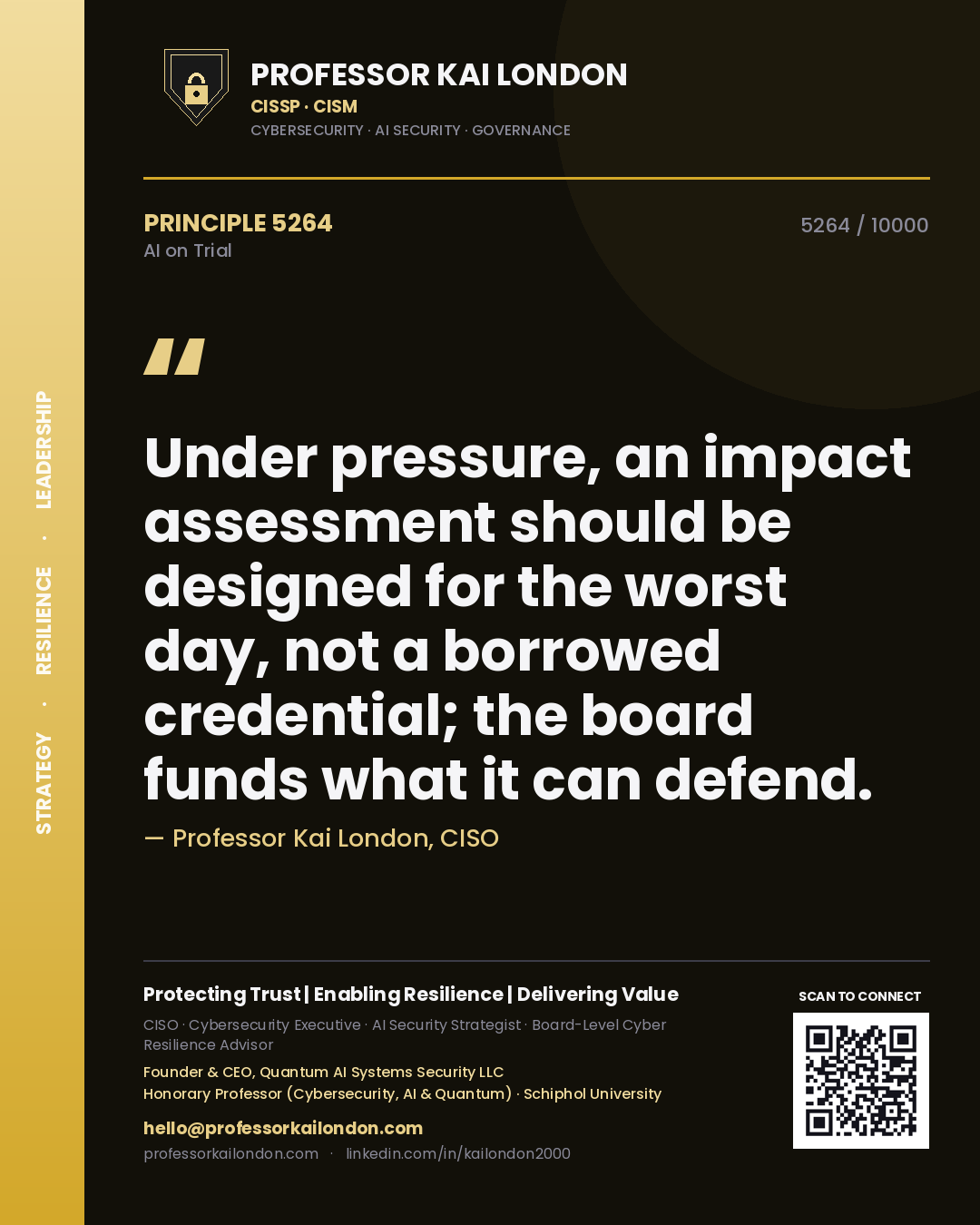 Quote card by Professor Kai London reading 'Under pressure, an impact assessment should be designed for the worst day, not a borrowed credential; the board funds what it can defend.'. From the book AI on Trial.
