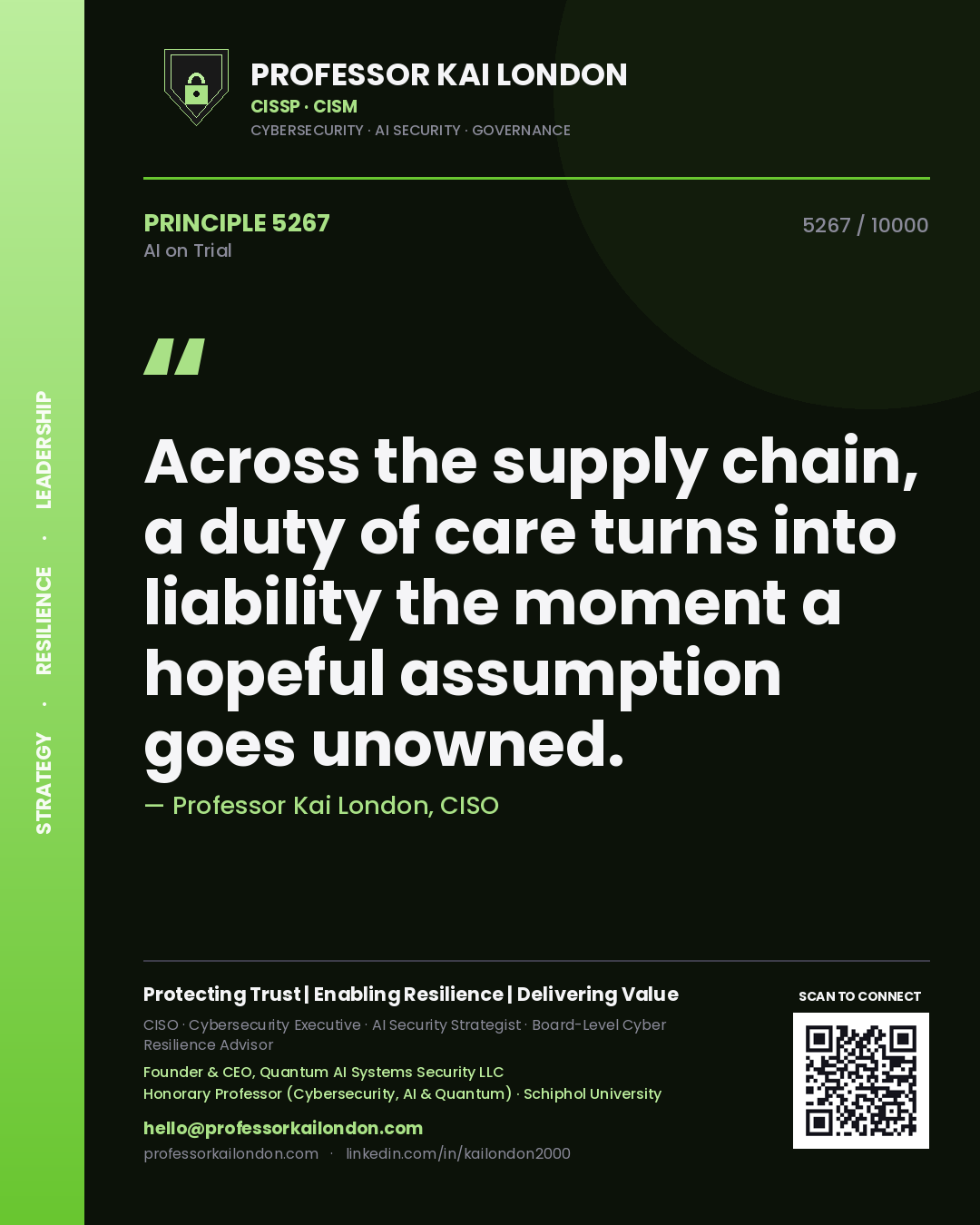 Quote card by Professor Kai London reading 'Across the supply chain, a duty of care turns into liability the moment a hopeful assumption goes unowned.'. From the book AI on Trial.