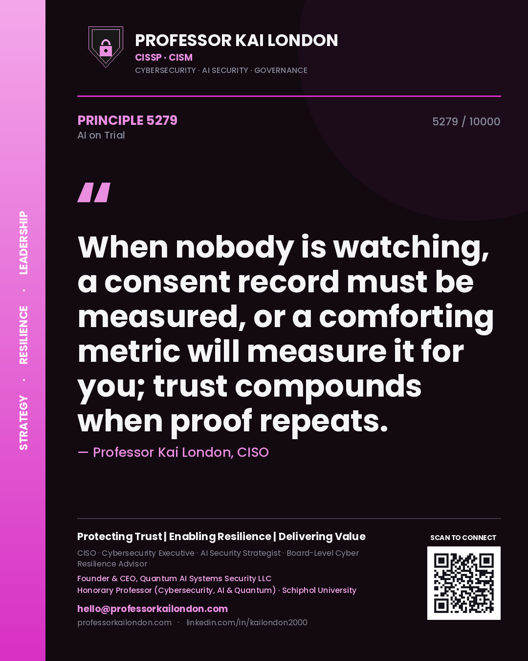 Professor Kai London principle 5279: When nobody is watching, a consent record must be measured, or a comforting metric will measure it for you; trust compounds when proof repeats.