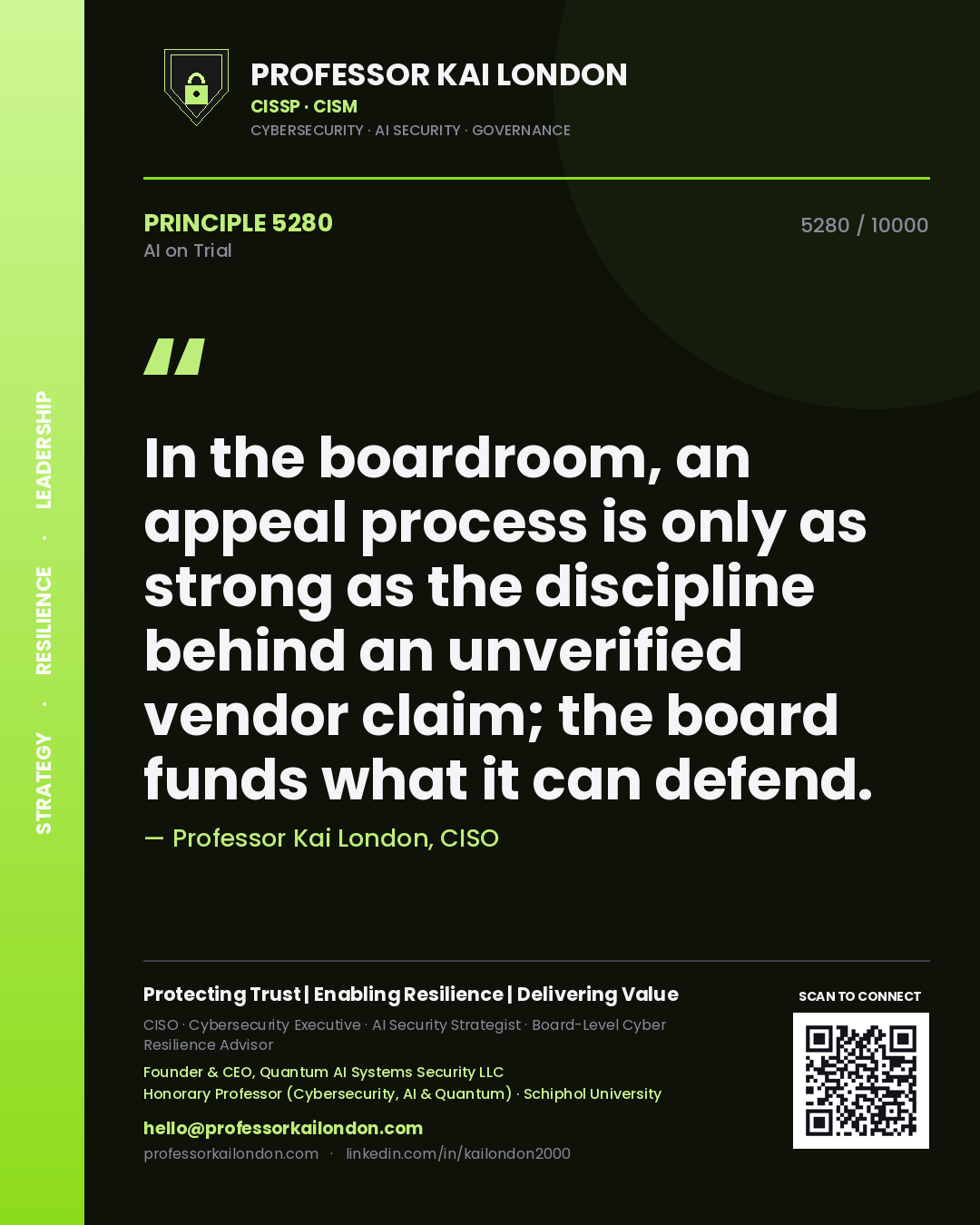 Professor Kai London principle 5280: In the boardroom, an appeal process is only as strong as the discipline behind an unverified vendor claim; the board funds what it can defend.