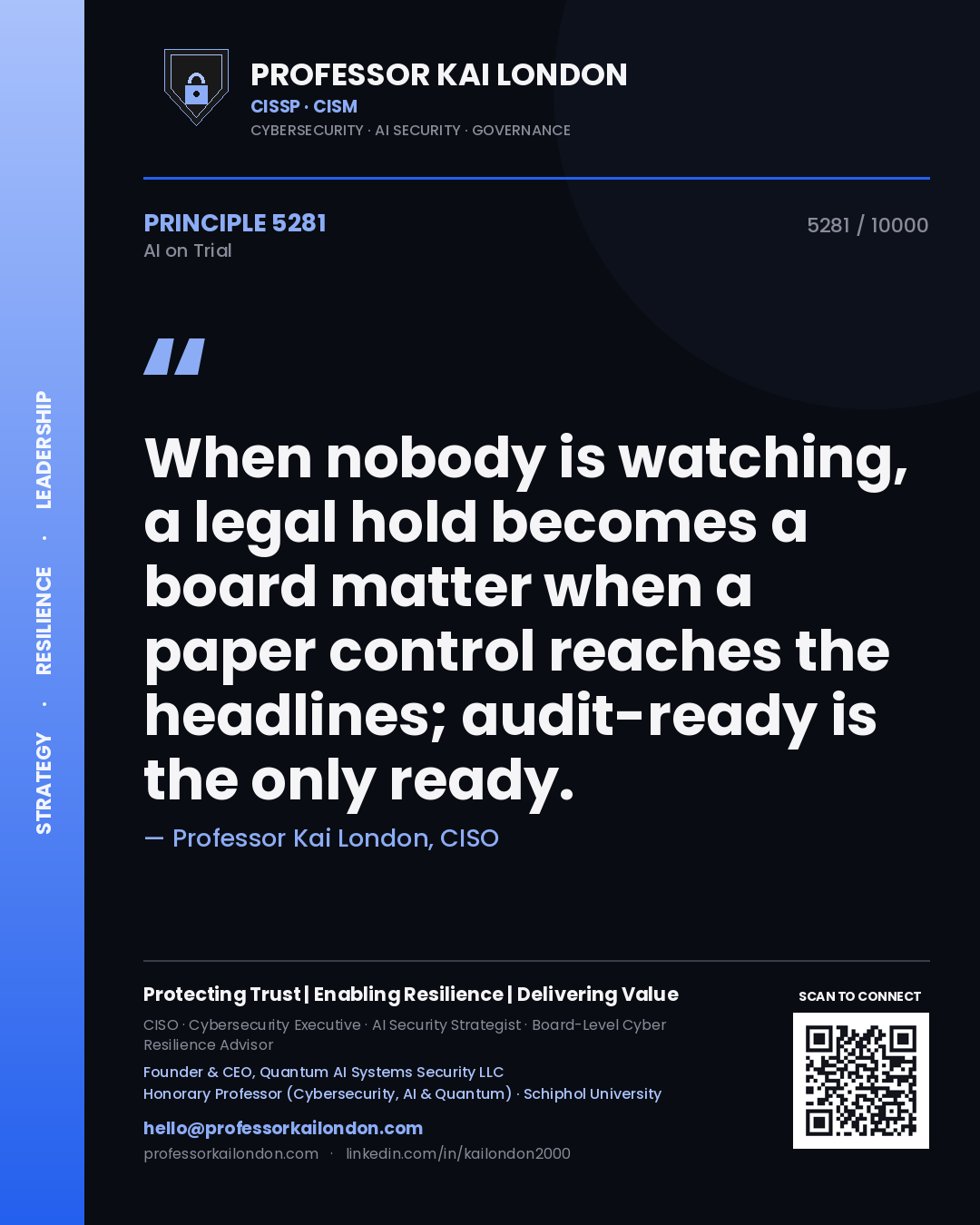 Quote card by Professor Kai London reading 'When nobody is watching, a legal hold becomes a board matter when a paper control reaches the headlines; audit-ready is the only ready.'. From the book AI on Trial.