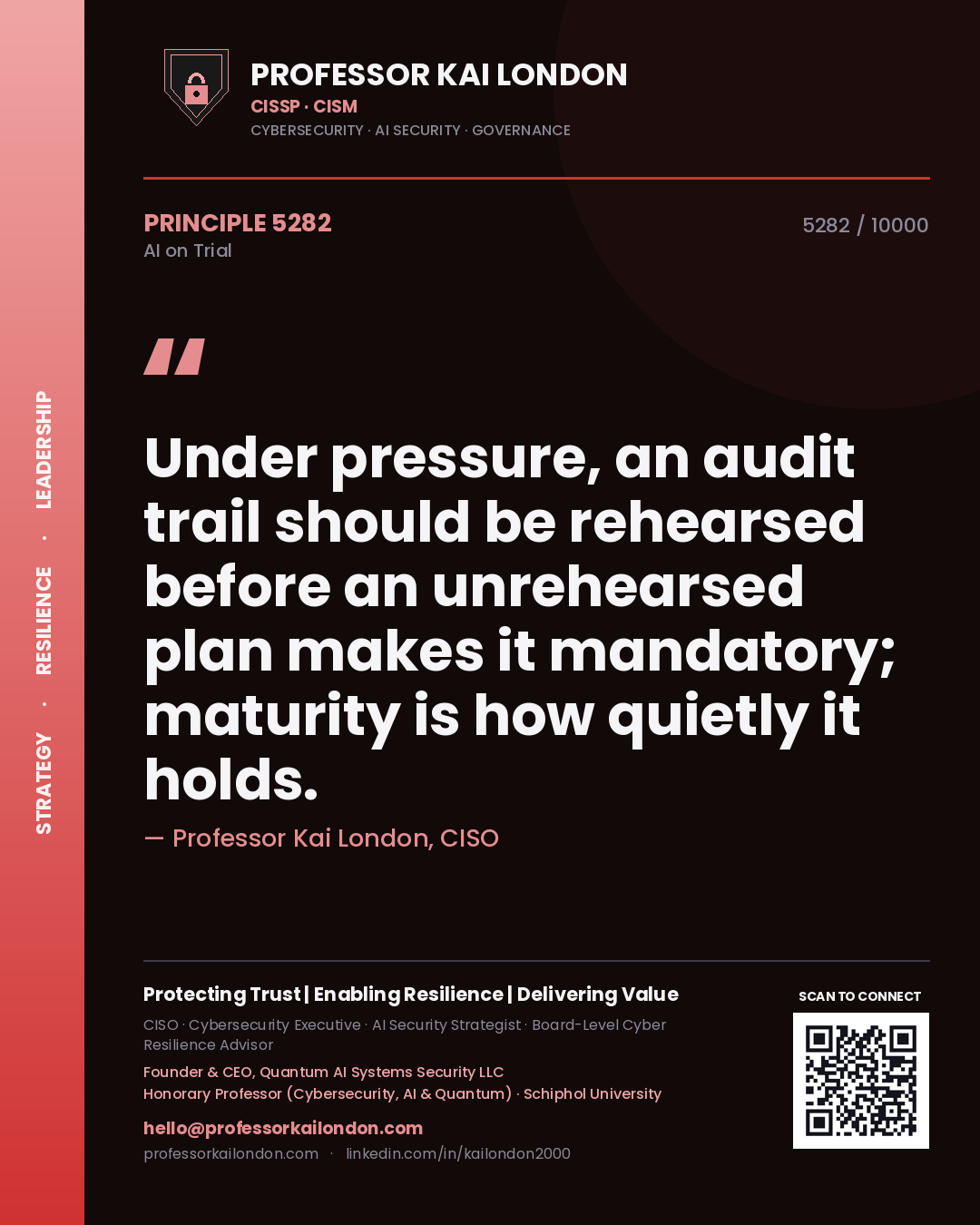 Professor Kai London principle 5282: Under pressure, an audit trail should be rehearsed before an unrehearsed plan makes it mandatory; maturity is how quietly it holds.
