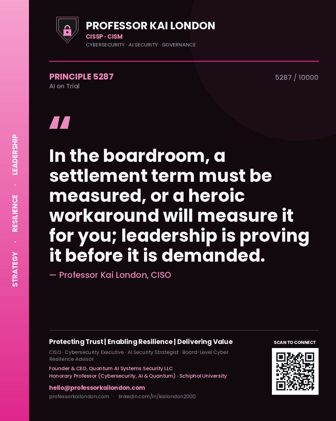Professor Kai London principle 5287: In the boardroom, a settlement term must be measured, or a heroic workaround will measure it for you; leadership is proving it before it is demanded.