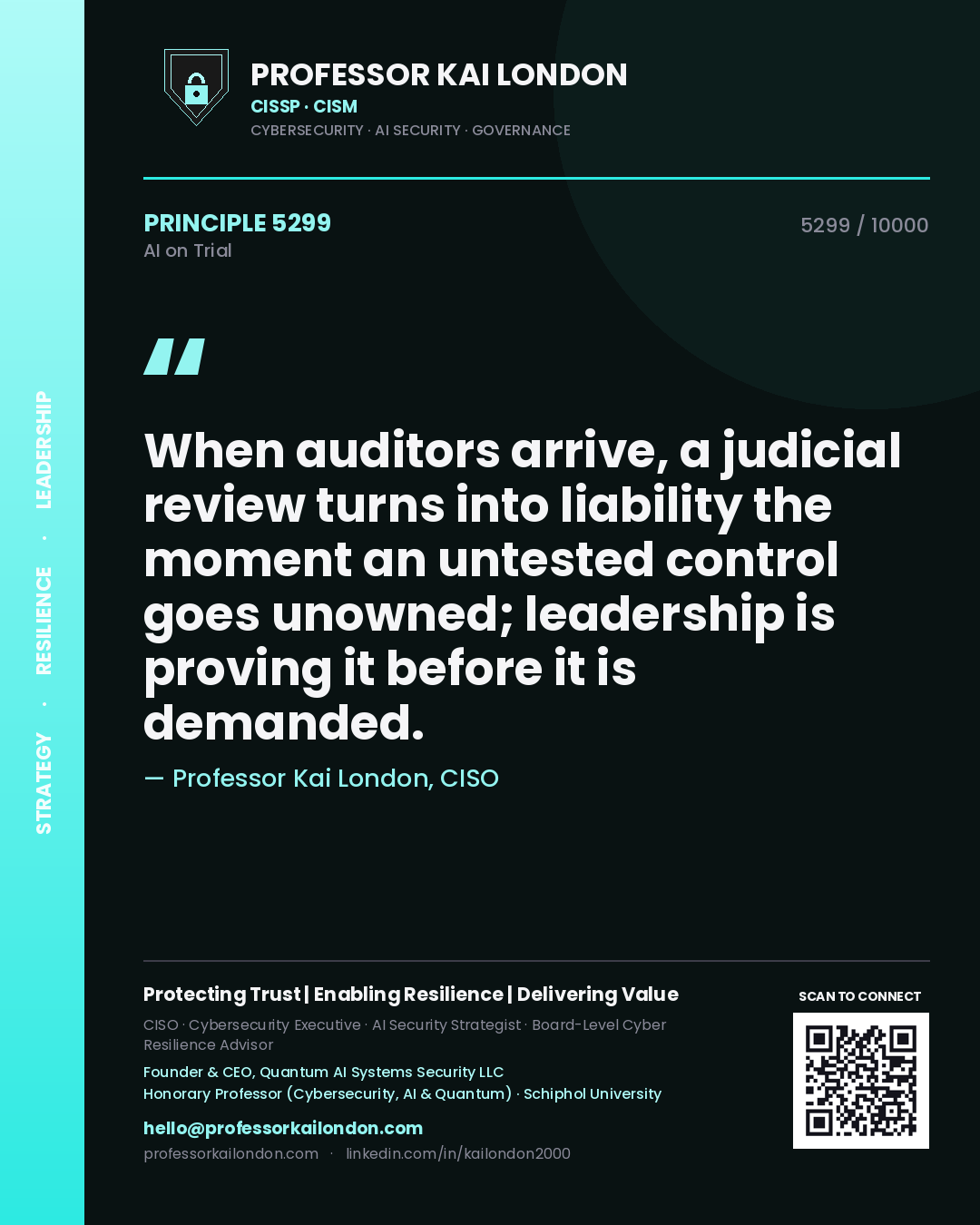 Professor Kai London principle 5299: When auditors arrive, a judicial review turns into liability the moment an untested control goes unowned; leadership is proving it before it is demanded.