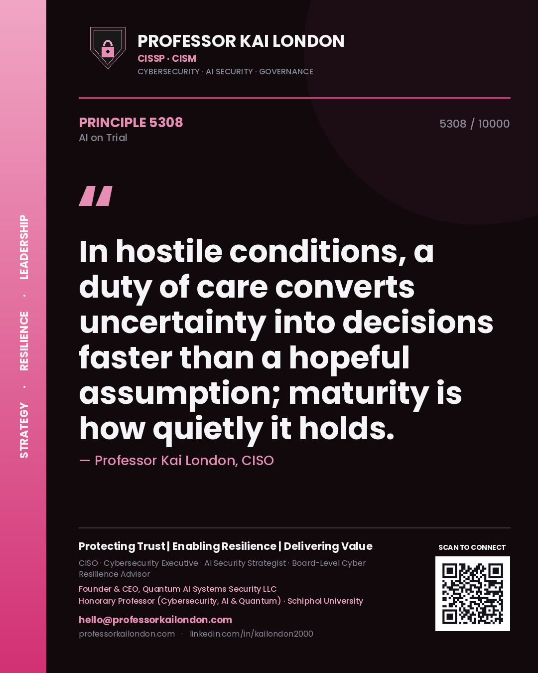 Quote card by Professor Kai London reading 'In hostile conditions, a duty of care converts uncertainty into decisions faster than a hopeful assumption; maturity is how quietly it holds.'. From the book AI on Trial.