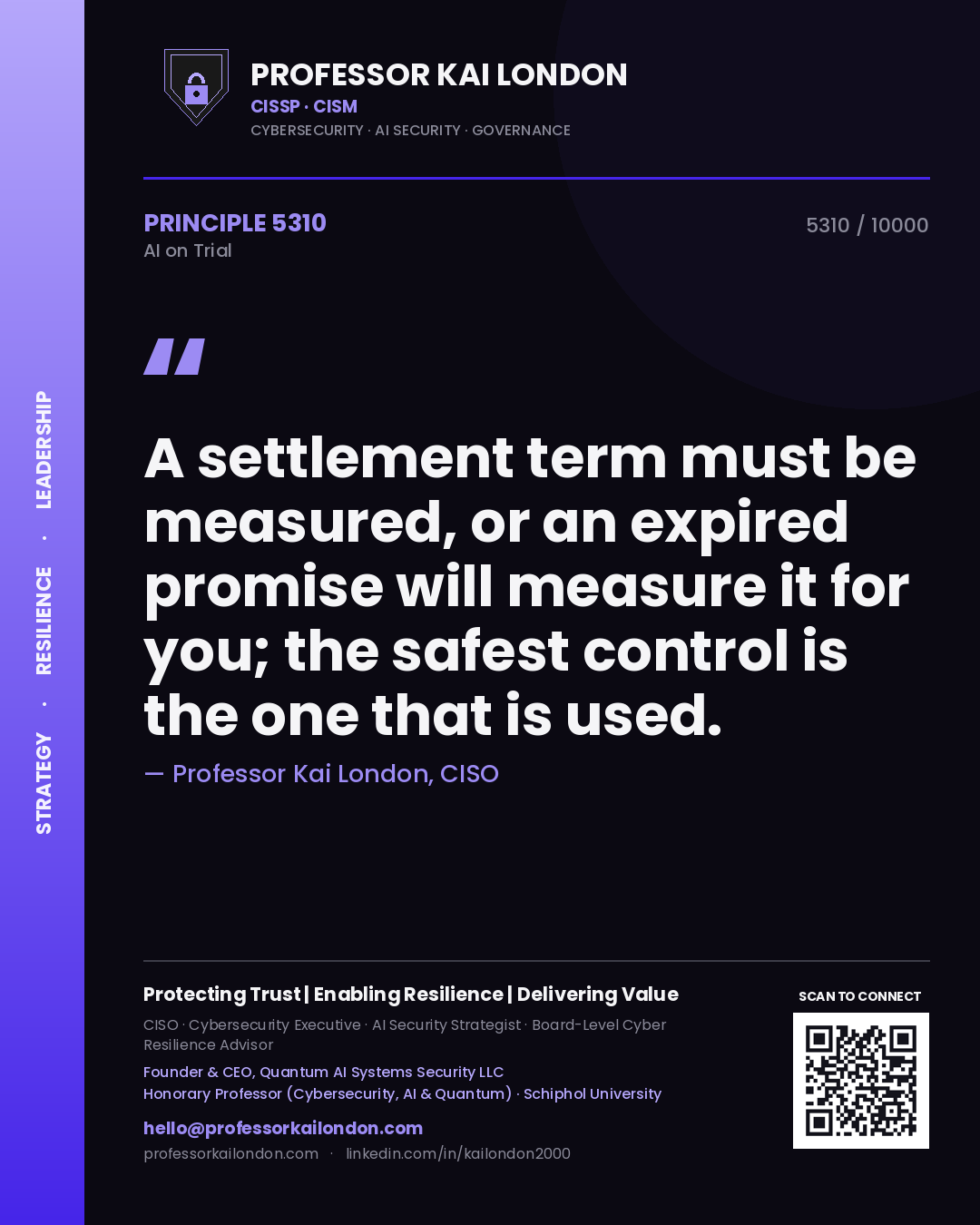 Professor Kai London principle 5310: A settlement term must be measured, or an expired promise will measure it for you; the safest control is the one that is used.