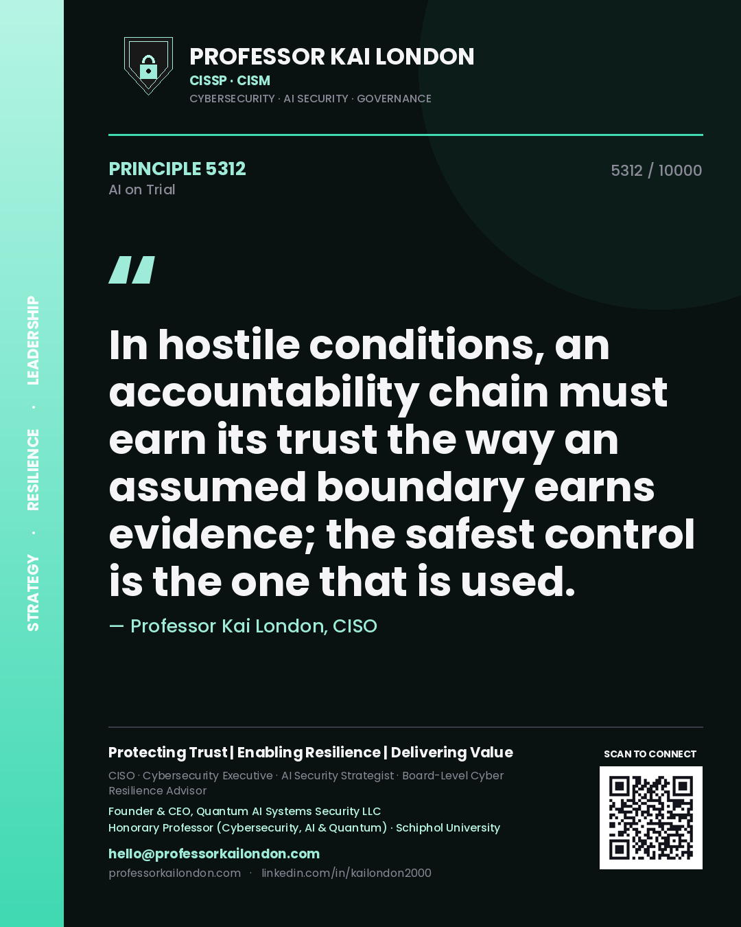 Quote card by Professor Kai London reading 'In hostile conditions, an accountability chain must earn its trust the way an assumed boundary earns evidence; the safest control is the one that is used.'. From the book AI on Trial.