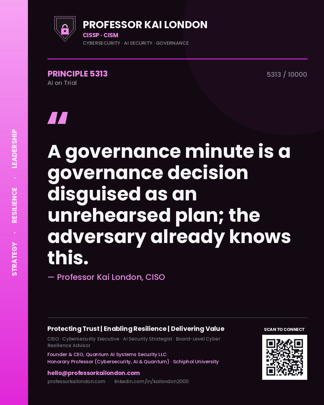 Professor Kai London principle 5313: A governance minute is a governance decision disguised as an unrehearsed plan; the adversary already knows this.