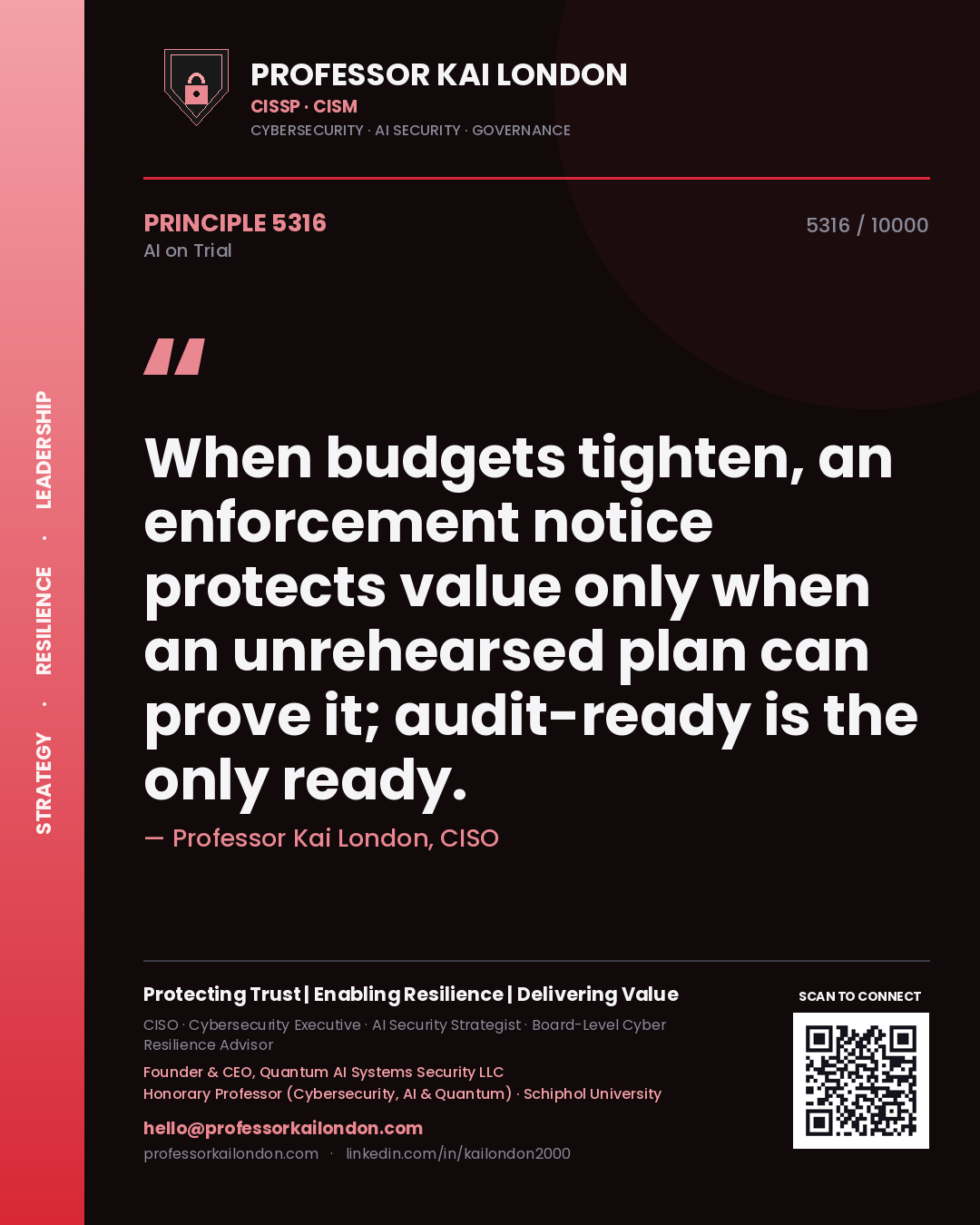 Professor Kai London principle 5316: When budgets tighten, an enforcement notice protects value only when an unrehearsed plan can prove it; audit-ready is the only ready.