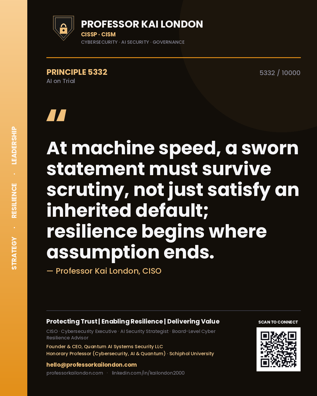 Professor Kai London principle 5332: At machine speed, a sworn statement must survive scrutiny, not just satisfy an inherited default; resilience begins where assumption ends.