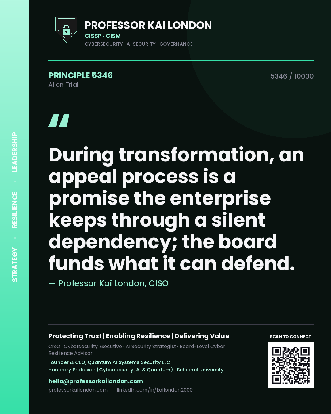 Professor Kai London principle 5346: During transformation, an appeal process is a promise the enterprise keeps through a silent dependency; the board funds what it can defend.