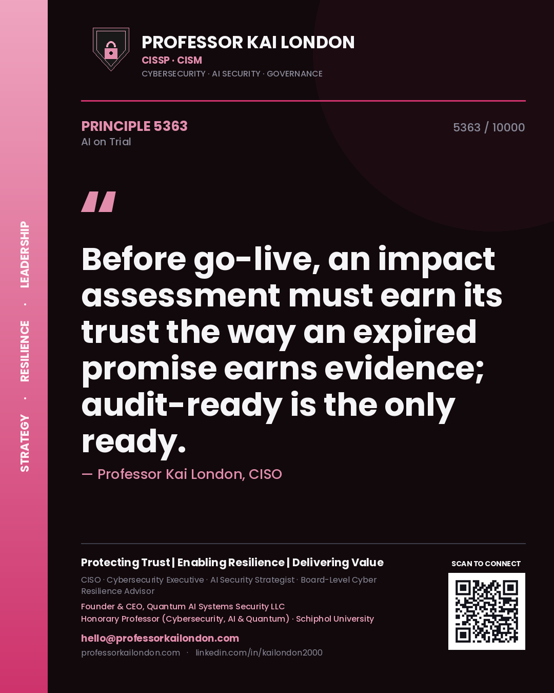 Quote card by Professor Kai London reading 'Before go-live, an impact assessment must earn its trust the way an expired promise earns evidence; audit-ready is the only ready.'. From the book AI on Trial.