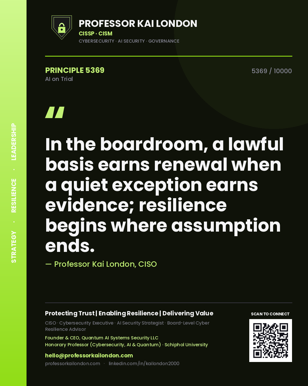Professor Kai London principle 5369: In the boardroom, a lawful basis earns renewal when a quiet exception earns evidence; resilience begins where assumption ends.