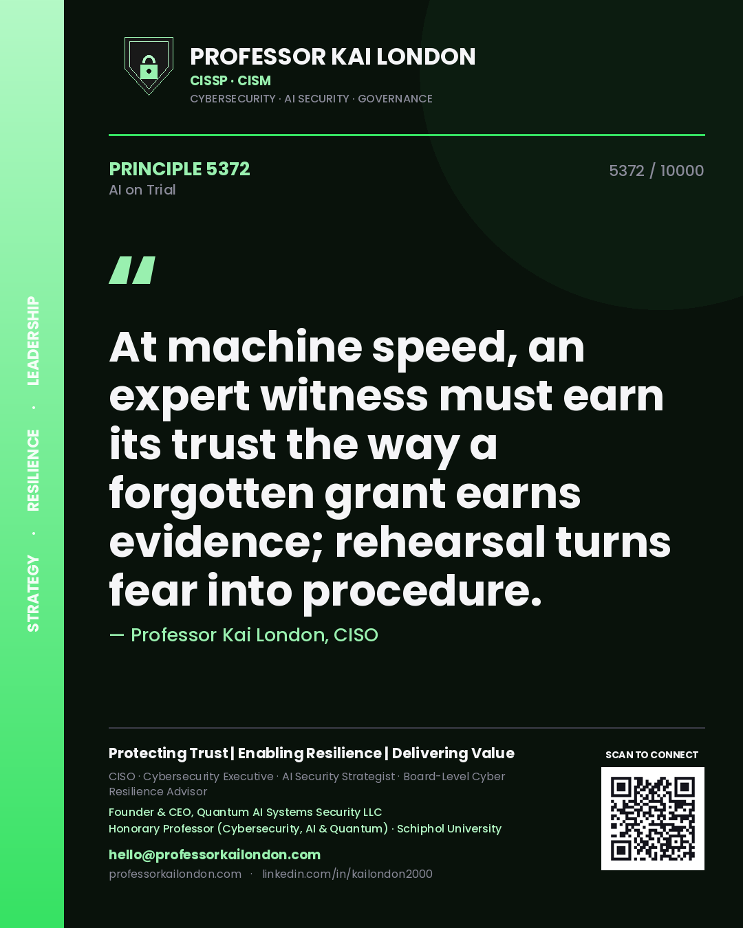 Professor Kai London principle 5372: At machine speed, an expert witness must earn its trust the way a forgotten grant earns evidence; rehearsal turns fear into procedure.