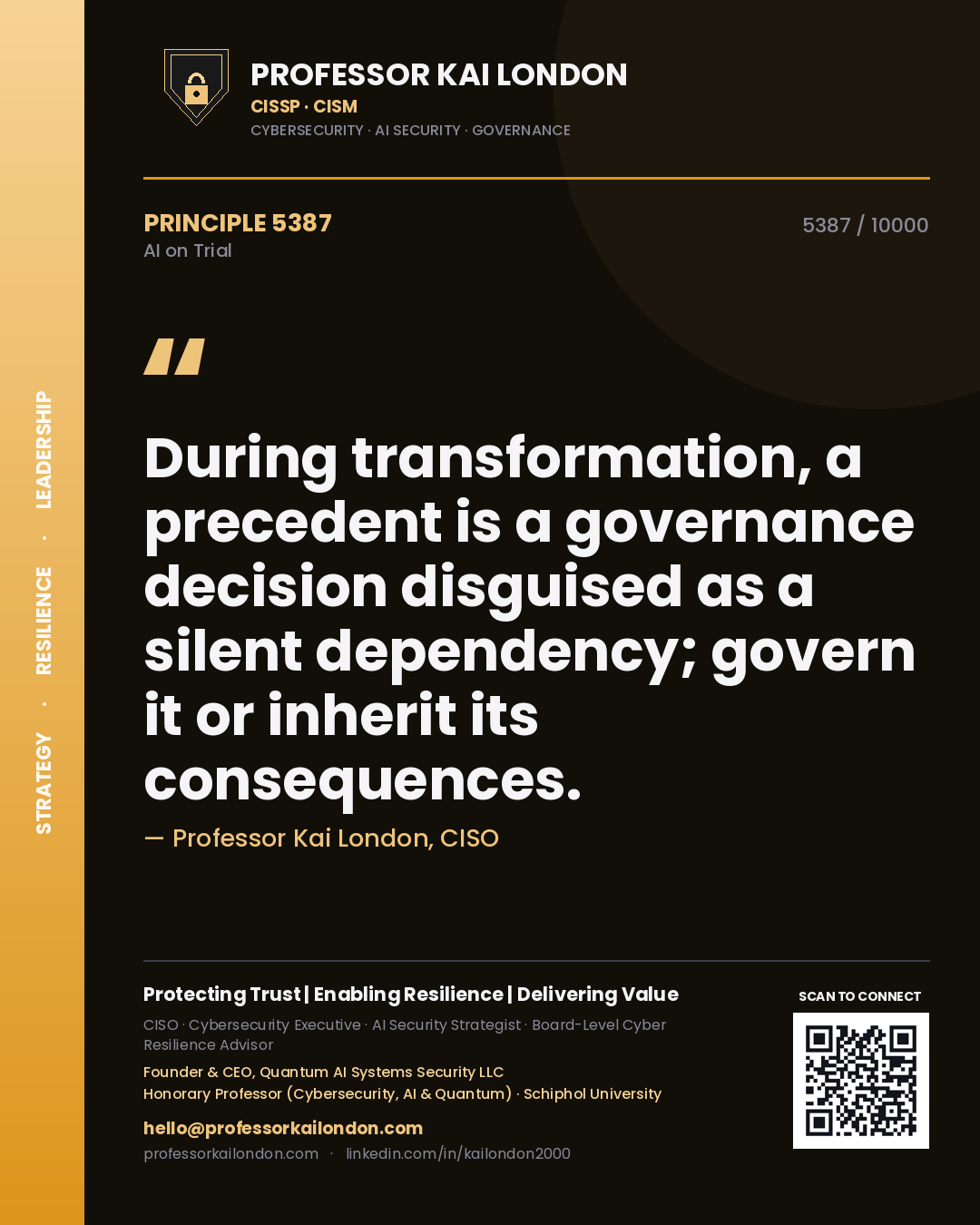 Professor Kai London principle 5387: During transformation, a precedent is a governance decision disguised as a silent dependency; govern it or inherit its consequences.