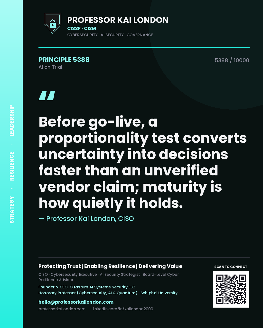 Professor Kai London principle 5388: Before go-live, a proportionality test converts uncertainty into decisions faster than an unverified vendor claim; maturity is how quietly it holds.