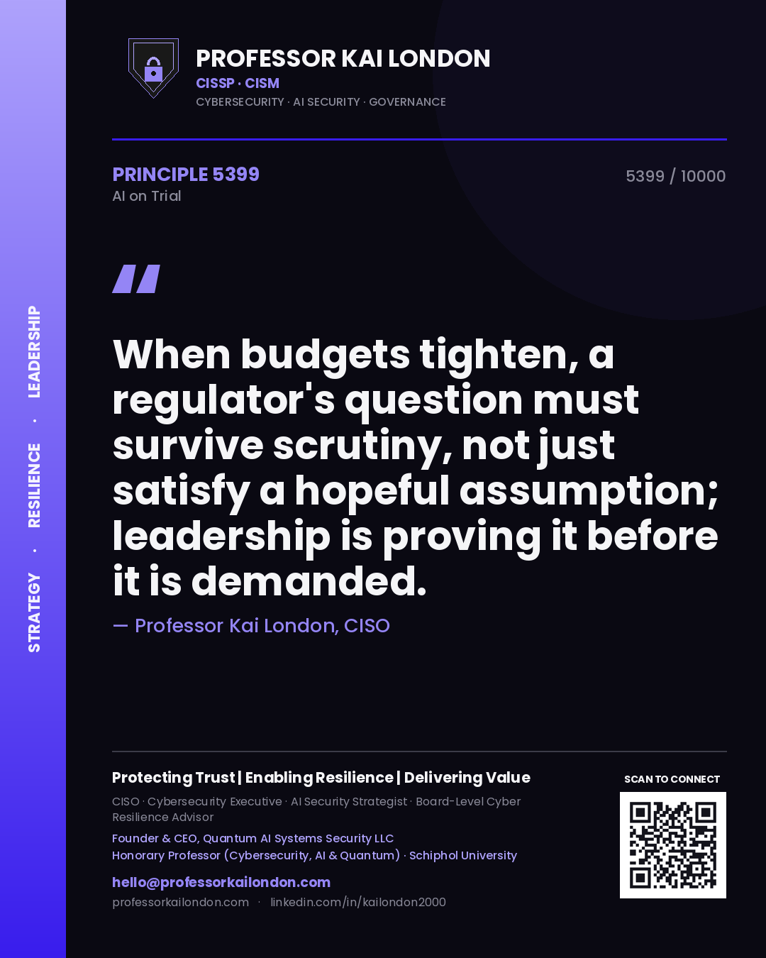 Quote card by Professor Kai London reading 'When budgets tighten, a regulator's question must survive scrutiny, not just satisfy a hopeful assumption; leadership is proving it before it is demanded.'. From the book AI on Trial.