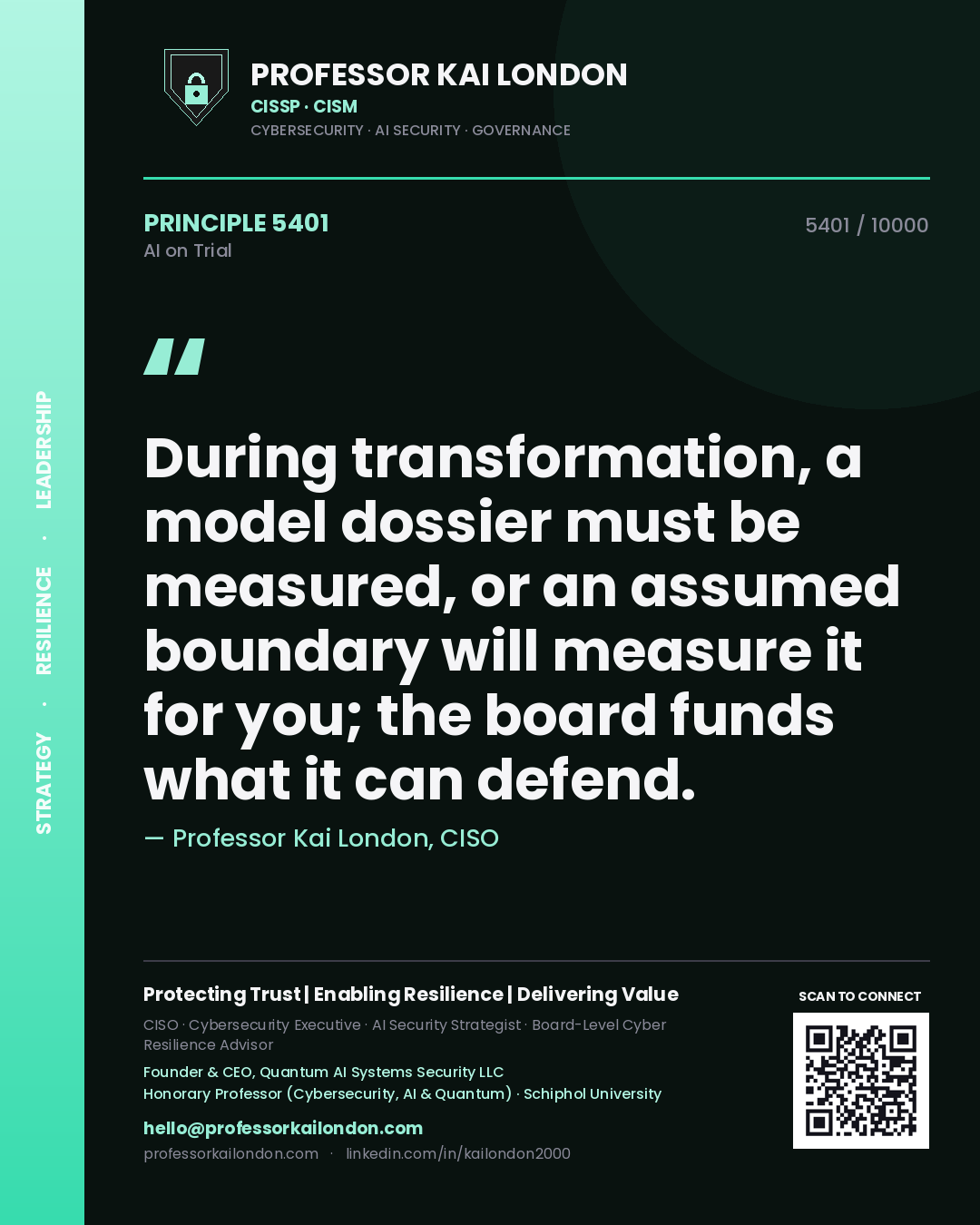 Professor Kai London principle 5401: During transformation, a model dossier must be measured, or an assumed boundary will measure it for you; the board funds what it can defend.