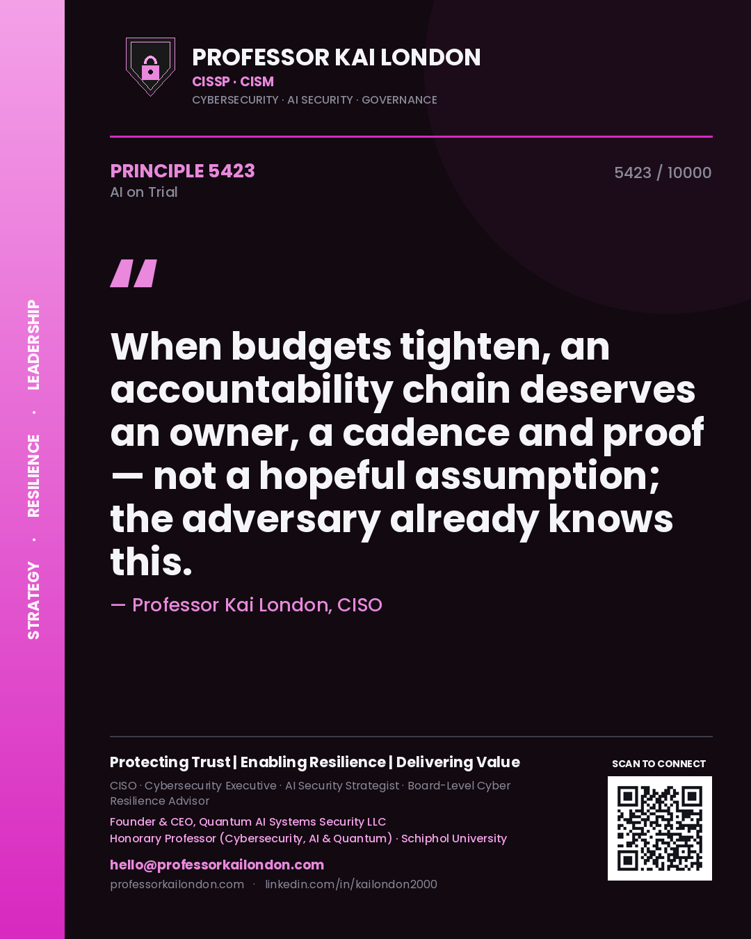 Professor Kai London principle 5423: When budgets tighten, an accountability chain deserves an owner, a cadence and proof — not a hopeful assumption; the adversary already knows this.