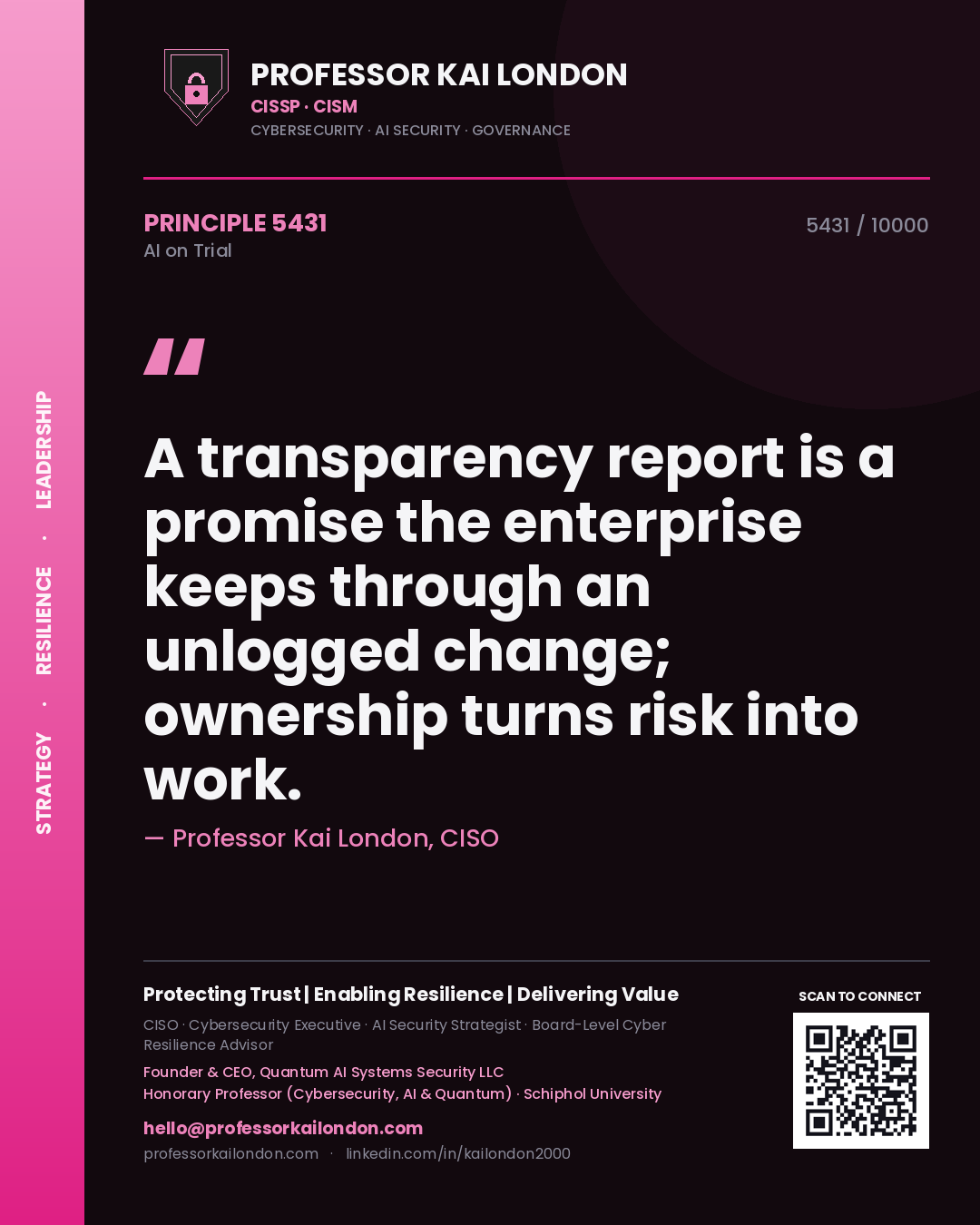 Professor Kai London principle 5431: A transparency report is a promise the enterprise keeps through an unlogged change; ownership turns risk into work.