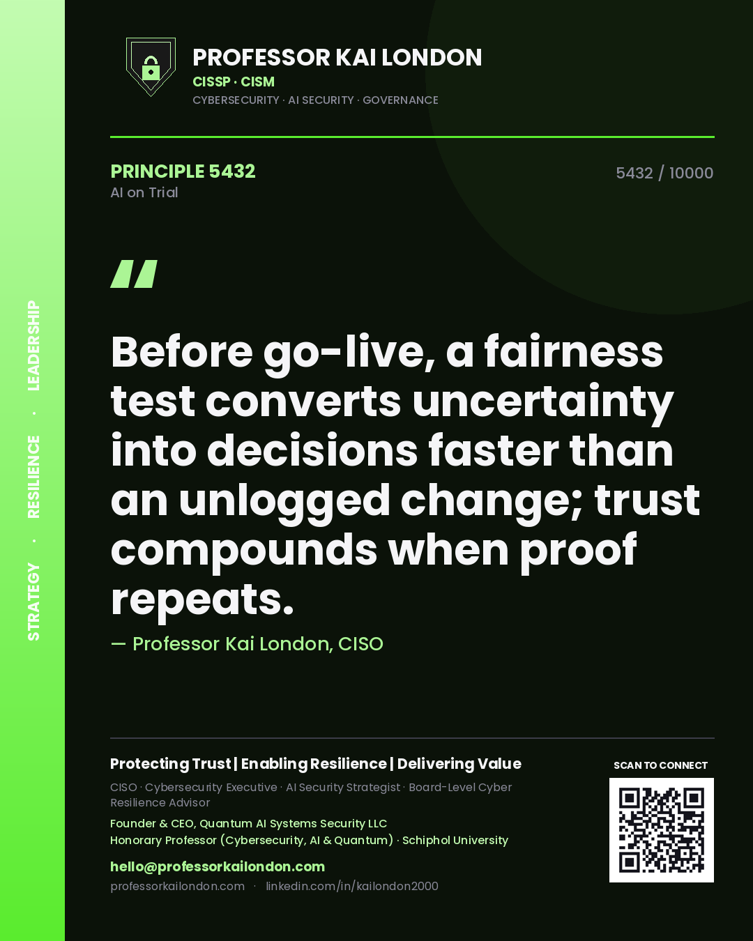 Quote card by Professor Kai London reading 'Before go-live, a fairness test converts uncertainty into decisions faster than an unlogged change; trust compounds when proof repeats.'. From the book AI on Trial.