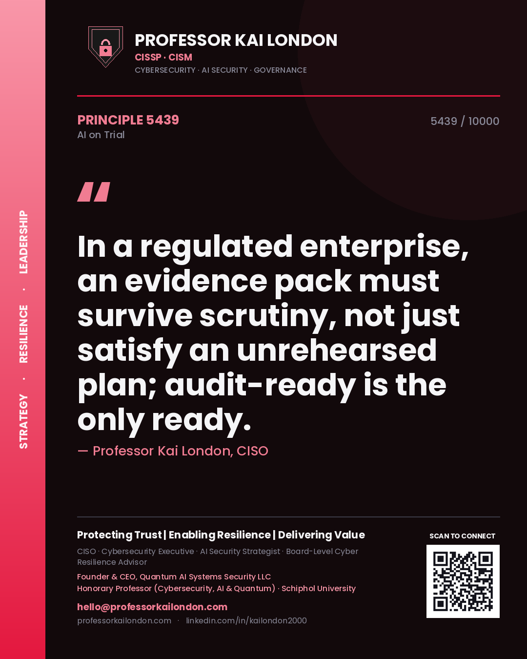 Quote card by Professor Kai London reading 'In a regulated enterprise, an evidence pack must survive scrutiny, not just satisfy an unrehearsed plan; audit-ready is the only ready.'. From the book AI on Trial.