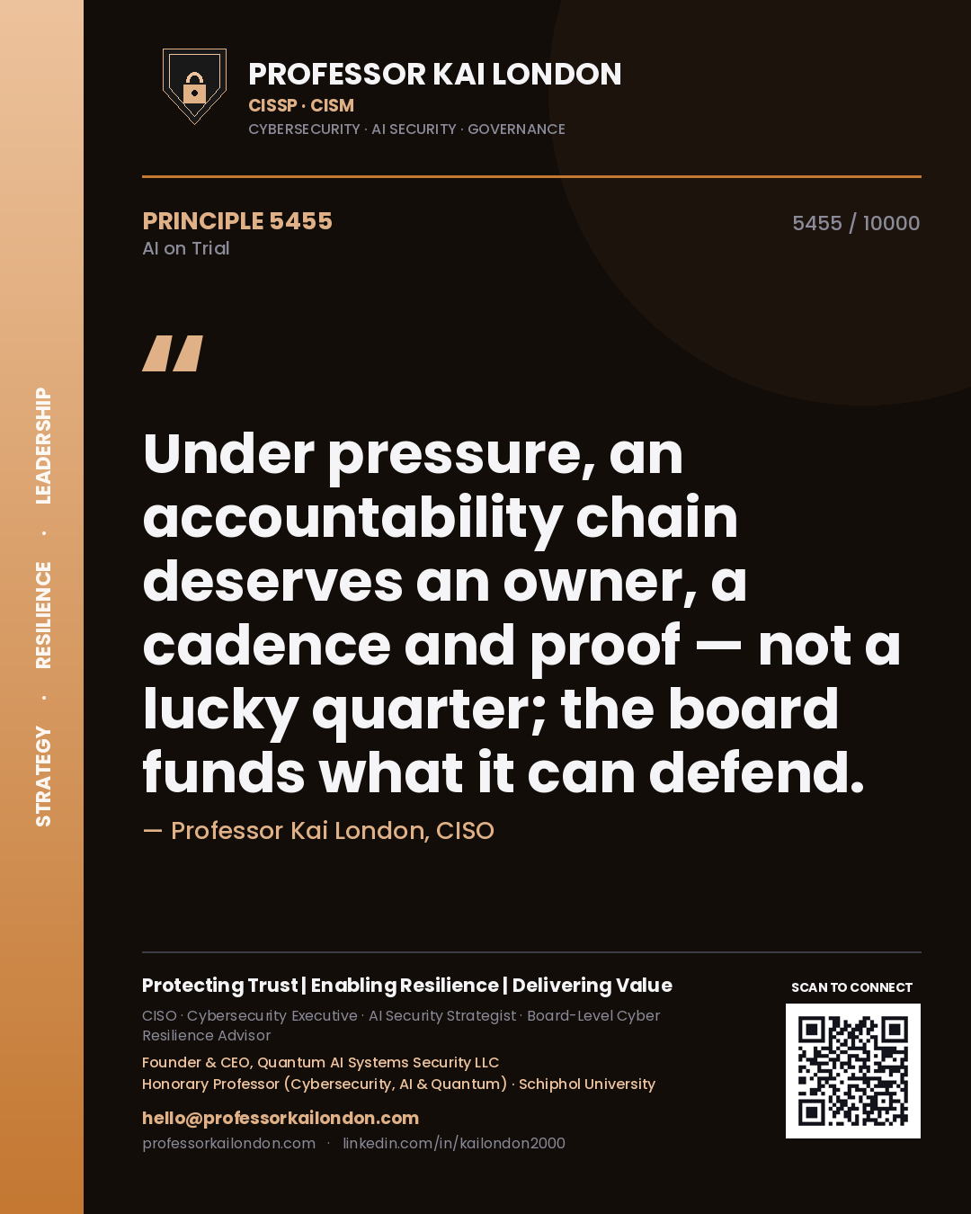 Quote card by Professor Kai London reading 'Under pressure, an accountability chain deserves an owner, a cadence and proof — not a lucky quarter; the board funds what it can defend.'. From the book AI on Trial.