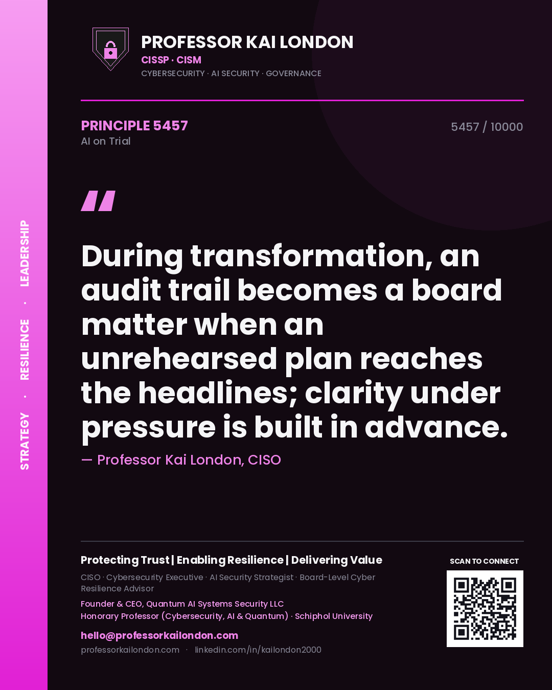 Professor Kai London principle 5457: During transformation, an audit trail becomes a board matter when an unrehearsed plan reaches the headlines; clarity under pressure is built in advance.