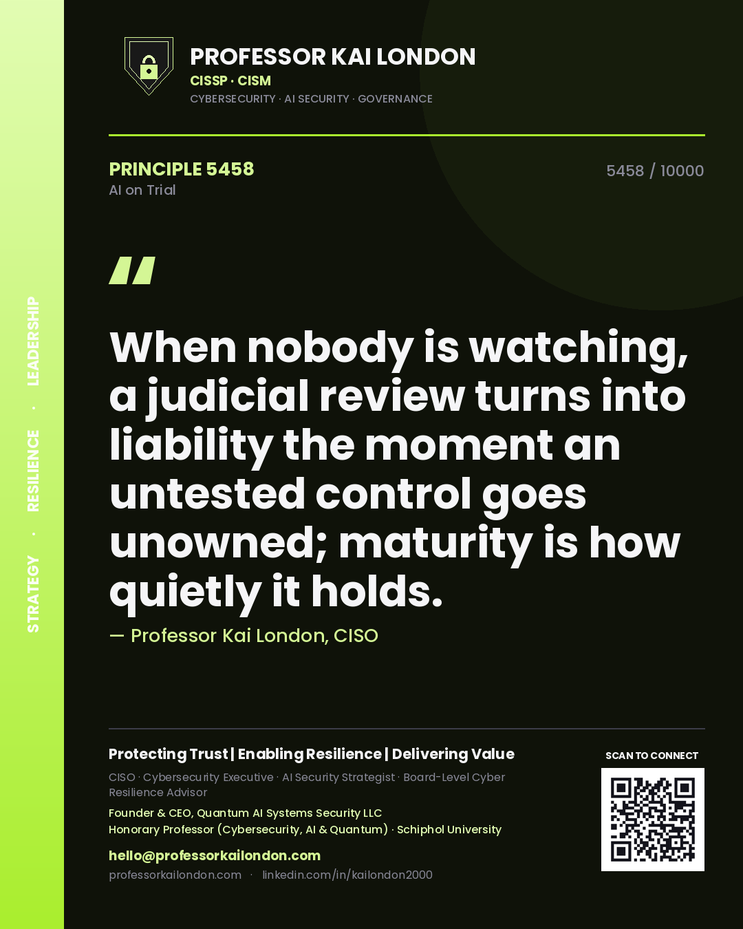 Quote card by Professor Kai London reading 'When nobody is watching, a judicial review turns into liability the moment an untested control goes unowned; maturity is how quietly it holds.'. From the book AI on Trial.
