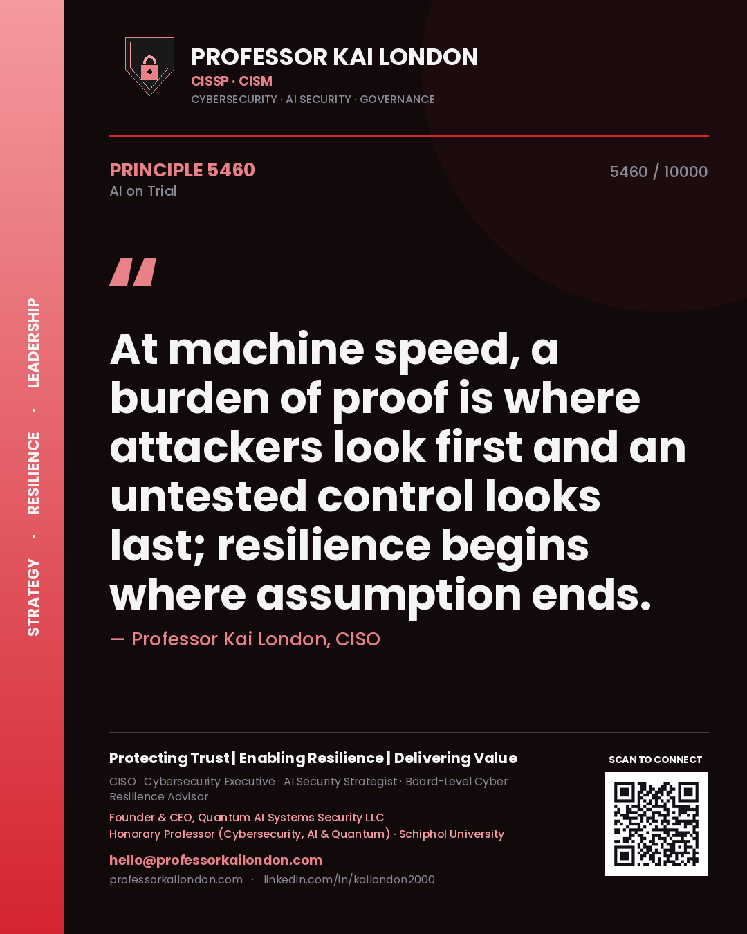 Professor Kai London principle 5460: At machine speed, a burden of proof is where attackers look first and an untested control looks last; resilience begins where assumption ends.