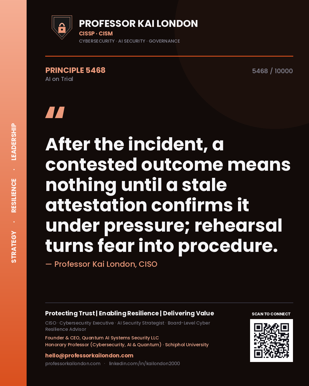 Professor Kai London principle 5468: After the incident, a contested outcome means nothing until a stale attestation confirms it under pressure; rehearsal turns fear into procedure.