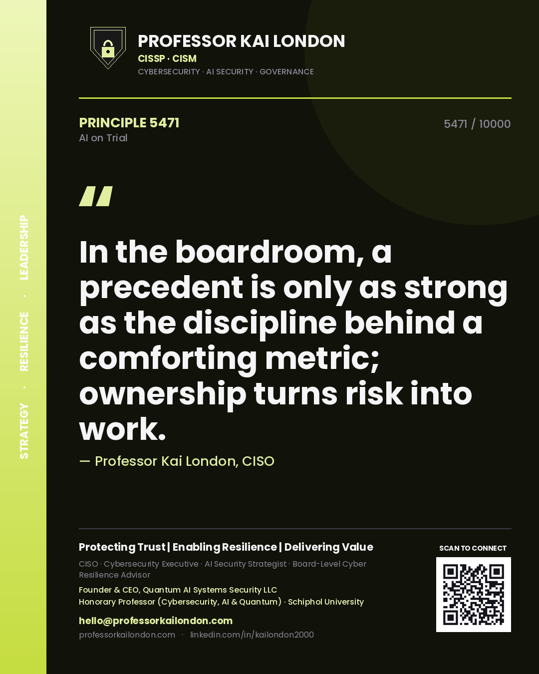 Quote card by Professor Kai London reading 'In the boardroom, a precedent is only as strong as the discipline behind a comforting metric; ownership turns risk into work.'. From the book AI on Trial.