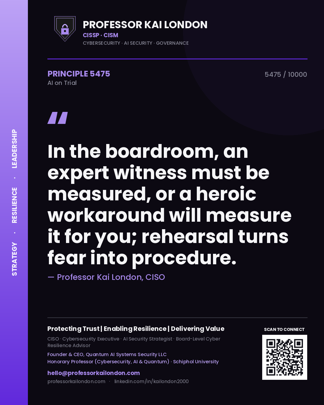 Quote card by Professor Kai London reading 'In the boardroom, an expert witness must be measured, or a heroic workaround will measure it for you; rehearsal turns fear into procedure.'. From the book AI on Trial.